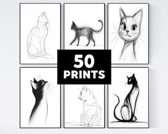May include: A collection of six framed cat art prints in black and white. The prints feature various artistic styles, including line drawings and shaded illustrations. The central image reads "50 PRINTS" in bold white text on a black background.