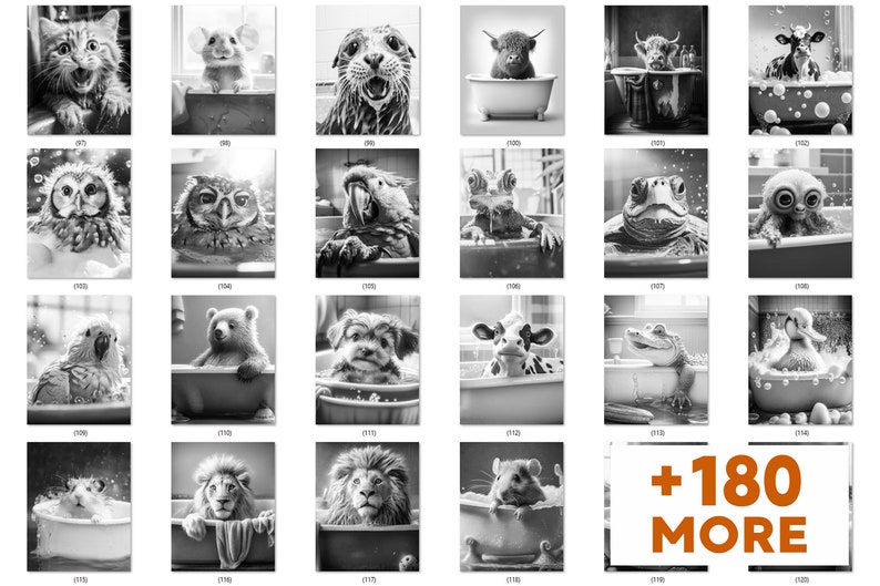 May include: A collection of black and white art prints featuring various animals in bathtubs. The images include a cat, mouse, otter, owl, bear, dog, cow, frog, and lion. The prints have a whimsical and humorous theme.