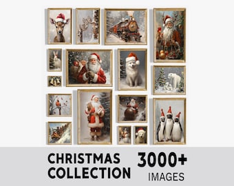 May include: A gallery wall collection of framed Christmas-themed art prints featuring Santa Claus, reindeer, polar bears, penguins, and a steam train in snowy landscapes. The text below reads CHRISTMAS COLLECTION 3000+ IMAGES.