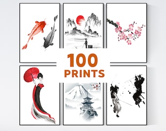 Set of 100 Japanese Wall Art Prints, Samurai Black White Wall Art, Cherry Blossom Painting, Koi Fish Art, Japanese Room Decor Print Set