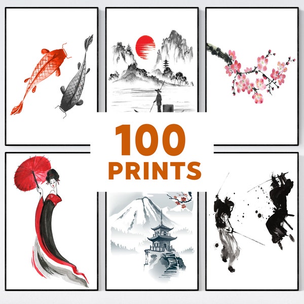 Set of 100 Japanese Ink Art Print Poster, Samurai Black White Wall Art, Cherry Blossom Painting, Koi Fish Art, Japanese Room Decor Print Set