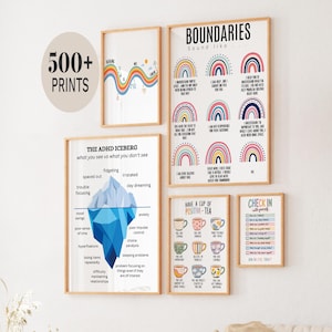 Op de afbeelding: Een verzameling van vijf ingelijste wandposters met thema's over mentale gezondheid en welzijn. De prints bevatten een ADHD-ijsbergdiagram, een gids over grenzen met regenboogillustraties, een theekopjesoverzicht en een check-in lijst.
