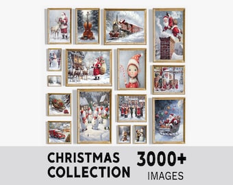 May include: A collection of framed Christmas-themed art prints. The images depict Santa Claus, snowmen, and winter scenes. The text at the bottom reads "CHRISTMAS COLLECTION" and "3000+ IMAGES". The frames have a gold finish.
