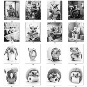 May include: A collection of black and white art prints featuring various animals in humorous bathroom scenes. Each print depicts an animal, such as a lion, panda, or hedgehog, reading a newspaper or using toilet paper. The prints are numbered.