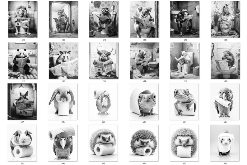 May include: A collection of black and white art prints featuring various animals in humorous bathroom scenes. Each print depicts an animal, such as a lion, panda, or hedgehog, reading a newspaper or using toilet paper. The prints are numbered.