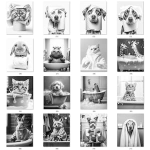 May include: Black and white art prints featuring various animals in bathroom settings. The collection includes a cat wrapped in a towel, a dog with a towel on its head, and a giraffe taking a bath. Each print has a unique animal and bathroom scene.