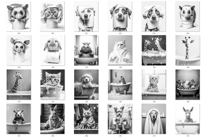 May include: Black and white art prints featuring various animals in bathroom settings. The collection includes a cat wrapped in a towel, a dog with a towel on its head, and a giraffe taking a bath. Each print has a unique animal and bathroom scene.