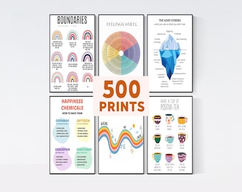 May include: A collection of six educational wall art prints featuring mental health themes, including a feelings wheel, an ADHD iceberg, a boundaries rainbow chart, happiness chemicals, a healing wave, and a positive tea cup graphic.
