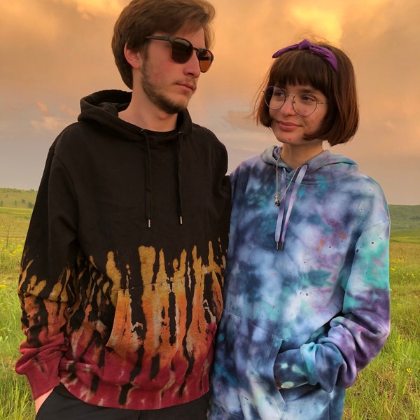 Fire&Water Tie Dye Hoodie + FREE Tie Dye Bandana, Flames Tie Dye Hoodie, Water ice dye hoodie,Hoodie for him and for her, Matching hoodie
