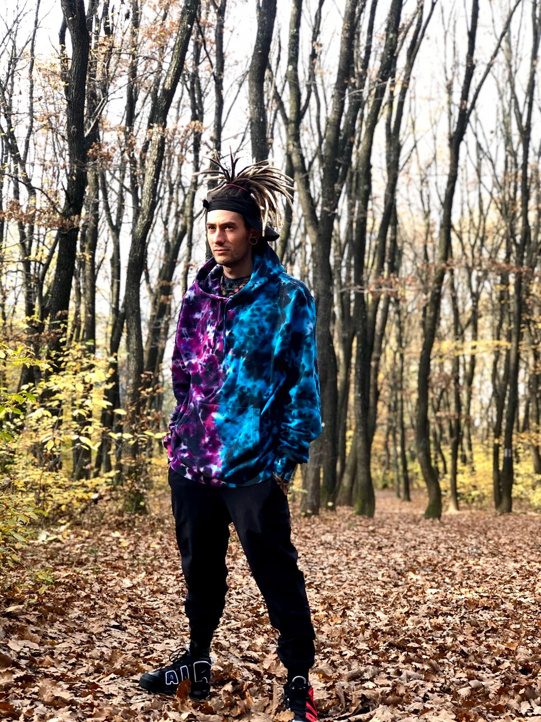 Half Pinkhalf Blue Tie Dye Hoodie FREE Tie Dye Bandana, Reverse Tie