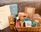Mothers Day Afternoon Tea hamper- natural wicker bamboo Hamper with a hand painted wooden keepsake box, and rustic wrapping. Free Delivery
