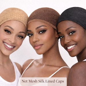 May include: Three women wearing net mesh silk-lined caps in beige, brown, and black. The caps are close-fitting and cover the head. The text "Net Mesh Silk Lined Caps" is displayed at the bottom of the image.