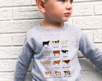 Cow Breeds Toddler Sweatshirt, Kuh Print Shirt, Kuh Sweatshirt, Kuh Shirt, Kuh Geschenk, Kuh Pullover, Geschenk für Kinder, Kleinkind Bauernhof Shirt,