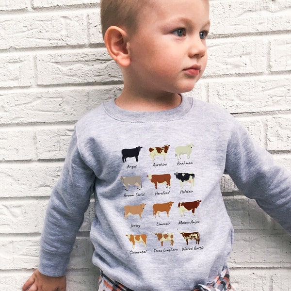 Cow Breeds Toddler Sweatshirt, Kuh Print Shirt, Kuh Sweatshirt, Kuh Shirt, Kuh Geschenk, Kuh Pullover, Geschenk für Kinder, Kleinkind Bauernhof Shirt,