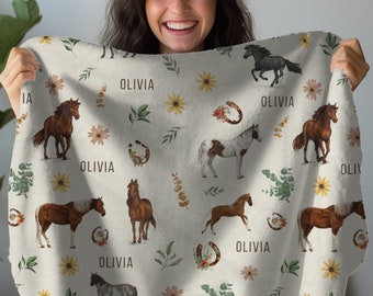 Horse Personalized Blanket Custom Blanket Horse Gifts For Teenage Girl Lover Gift Customizable Kid Name Baby Name Custom Baby Horses Throw