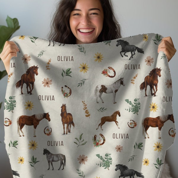 Horse Personalized Blanket Custom Blanket Horse Gifts For Teenage Girl Lover Gift Customizable Kid Name Baby Name Custom Baby Horses Throw