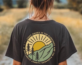 Light Shines in the Darkness Sun Shirt Christian Shirts Be the Light Bible Verse Shine Your Light Scripture Granola Girl Faith Based Yellow