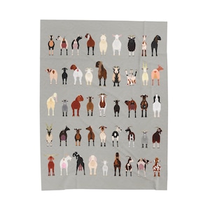 May include: A grey background with a collection of 40 different goats in various poses and colours. The goats are all facing forward and have different markings and horns.