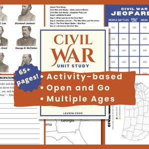 May include: An educational Civil War unit study featuring portraits of historical figures, a Jeopardy game, and maps. The study includes the text "Civil War Unit Study" and the phrases "Activity-based," "Open and Go," and "Multiple Ages."
