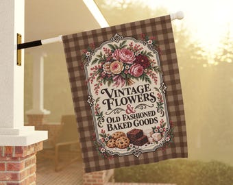 Vintage Flowers & Baked Goods Garden Flag Farmstand Sign Cottage Garden Flag Farm Stand Decor Homestead Bakery Floral Garden Banner