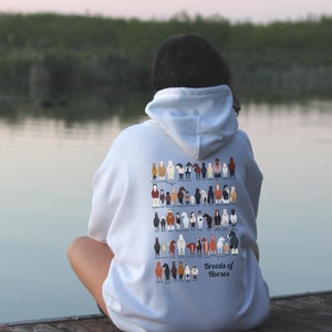 May include: A white hoodie with a graphic of different horse breeds on the back. The text "Breeds of Horses" is printed below the graphic.