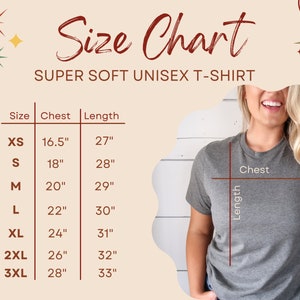 Pode incluir: Tabela de tamanhos para uma camiseta unissex com medidas em polegadas para o peito e o comprimento. Os tamanhos incluem XS, S, M, L, XL, 2XL e 3XL.