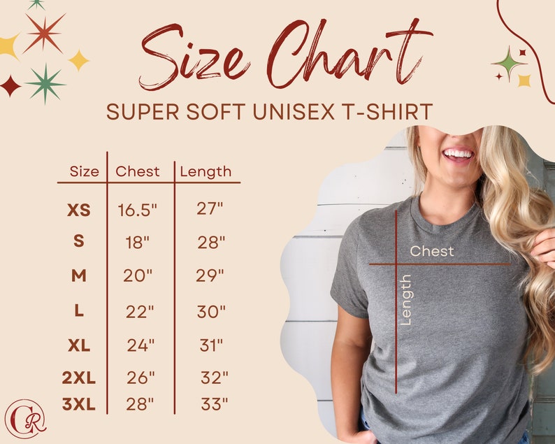 Pode incluir: Tabela de tamanhos para uma camiseta unissex com medidas em polegadas para o peito e o comprimento. Os tamanhos incluem XS, S, M, L, XL, 2XL e 3XL.