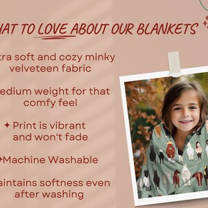 May include: A soft, cosy blanket with a vibrant print of horses. The blanket is made of minky velveteen fabric and is machine washable. It is medium weight and maintains its softness even after washing.