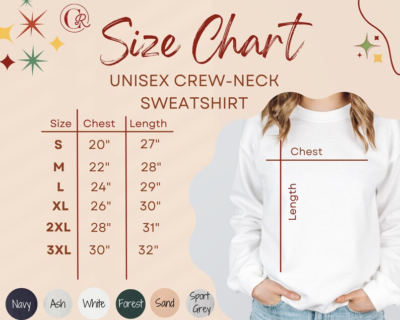 May include: Size chart for a unisex crew-neck sweatshirt. The chart shows sizes S through 3XL with corresponding chest and length measurements in inches. The chart is displayed on a light brown background with a white sweatshirt model.
