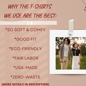 Pode incluir: Um gr&aacute;fico com uma lista de raz&otilde;es pelas quais as t-shirts s&atilde;o as melhores. A lista inclui: *T&atilde;o macias e confort&aacute;veis, *Bom caimento, *Ecologicamente corretas, *Trabalho justo, *Feitas nos EUA, *Zero desperd&iacute;cio. O gr&aacute;fico tamb&eacute;m inclui uma foto de duas pessoas usando t-shirts em um campo.