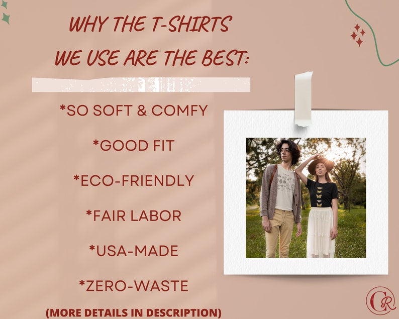 Pode incluir: Um gr&aacute;fico com uma lista de raz&otilde;es pelas quais as t-shirts s&atilde;o as melhores. A lista inclui: *T&atilde;o macias e confort&aacute;veis, *Bom caimento, *Ecologicamente corretas, *Trabalho justo, *Feitas nos EUA, *Zero desperd&iacute;cio. O gr&aacute;fico tamb&eacute;m inclui uma foto de duas pessoas usando t-shirts em um campo.