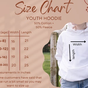 May include: Size chart for youth hoodies made of 50% cotton and 50% fleece. The chart shows sizes from S (6-8) to XL (18-20) with corresponding width and length measurements in inches.