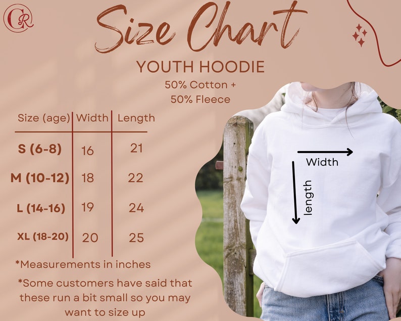 May include: Size chart for youth hoodies made of 50% cotton and 50% fleece. The chart shows sizes from S (6-8) to XL (18-20) with corresponding width and length measurements in inches.