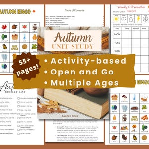 May include: A colorful printable pack for an autumn unit study with over 55 pages. The pack includes activities like bingo, a bucket list, and a weather record. The cover features a book with cinnamon sticks and fall leaves.