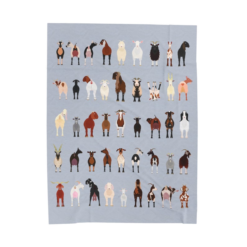 May include: A colourful illustration of 36 goats in various poses and colours on a light blue background. The goats are all facing forward and have different facial expressions.