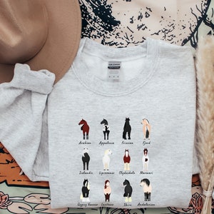 K&ouml;nnte beinhalten: Grauer Pullover mit einer Grafik verschiedener Pferderassen, darunter Araber, Appaloosa, Friese, Fjord, Isl&auml;nder, Lipizzaner, Clydesdale, Marwari, Gypsy Vanner, Lusitano, Shire und Andalusier.