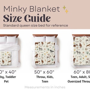 May include: A size guide for minky blankets, showing three different sizes: 30" x 40", 50" x 60", and 60" x 80". Each size is shown on a bed with a white sheet and a blanket with a horse print.