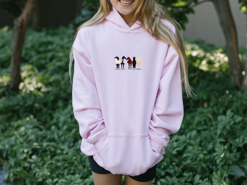 May include: A pink hoodie with a graphic of five horses in a row. The horses are black, brown, white, and gray. The text below the horses reads "Always Sparkle, Never Fade".