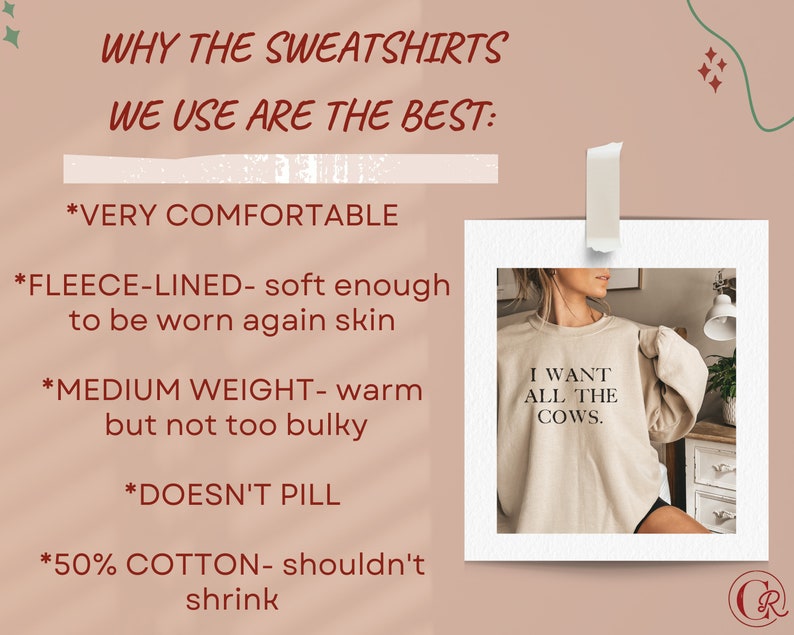 K&ouml;nnte beinhalten: Ein beiger Pullover mit dem Aufdruck "I WANT ALL THE COWS." auf der Vorderseite. Der Pullover ist aus weichem, bequemem, fleecegef&uuml;ttertem Stoff und besteht zu 50% aus Baumwolle.