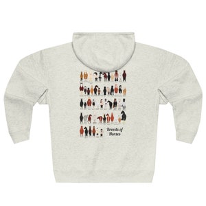May include: A heather grey zippered hoodie with a graphic of different horse breeds on the back. The graphic is titled "Breeds of Horses".