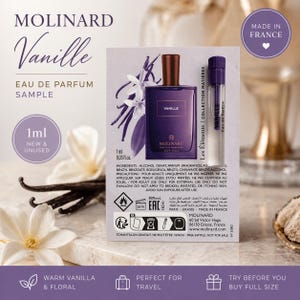 May include: A sample of Molinard Vanille Eau de Parfum. The dark purple bottle has a gold cap and the word "Vanille" printed on it. The image also includes a small vial of the perfume and vanilla flowers.