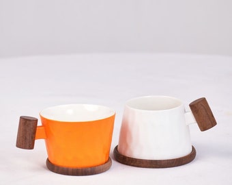 Juego de 2 tazas para parejas, color blanco y naranja mandarina