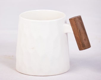 White Coffee Mug With Wooden Handle - Set of 4