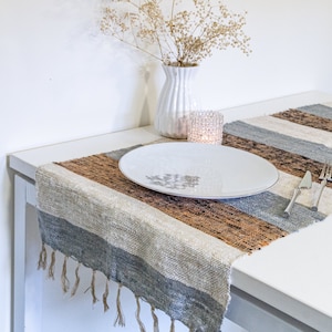 Handmade, handwoven textured cotton linen table runner 16"x55". Decorative table linen. Boho striped modern contemporary dining runner linen