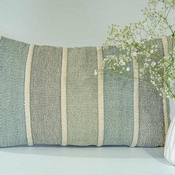 Lucy-Blue green shades 12" x 20" handwoven, handmade textured decorative cotton throw pillow/ scatter cushion. Boho coastal tropical stripe.