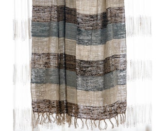 Shades of grey, brown, white & natural 51”x67” handwoven, handmade cotton throw blanket/ plaid with fringes. Boho blanket. Sofa throw.