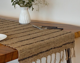 Ginger Tiger 17”x57” handwoven, handmade cotton linen table runner. Decorative table linen. Boho striped natural modern contemporary living