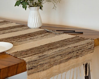 Reeva 18”x52” handwoven, handmade textured cotton linen table runner. Decorative table linen Boho striped natural modern contemporary living