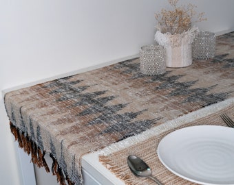 Handwoven, handmade white, grey & natural ikat cotton linen table runner 16”x70”. Bohemian decorative table linen. Boho ikat dining linen