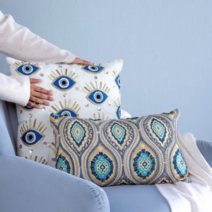 Hand embroidered Turkish Evil Eye Pillow Cover 18&quot; x 18&quot; - Blue Evil Eye Cushion Cover. Good Luck Home Decor. Boho White Blue Gold Pillow